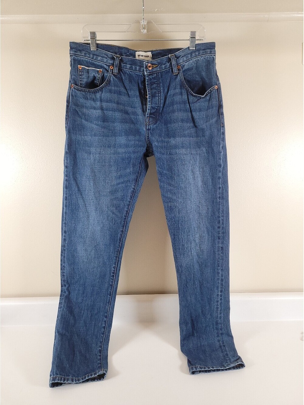 Taylor stitch selvedge denim jeans 33x32 blue %100 cotton slim mid wash jeans